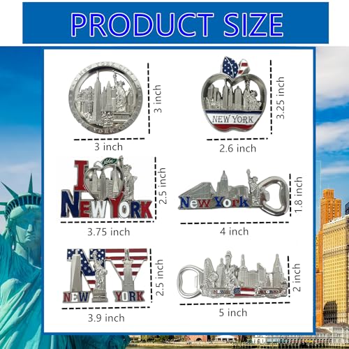 TSY TOOL 6 Pack Silver Bundle NYC Metal Fridge Magnets New York Souvenir Empire State Building, Skylines, Statue of Liberty, Brooklyn Bridge, Big Apple, USA Flag, Fridge Magnet Bottle Opener - Image 2