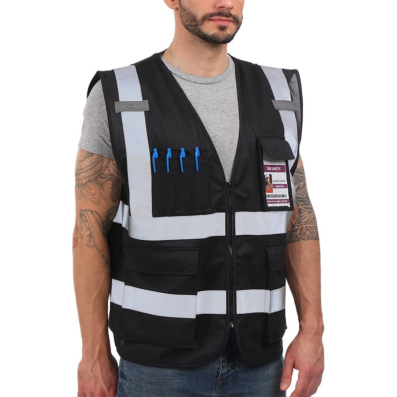 Dib Safety Reflective Vest High Visibility with Pockets and Zipper Black S