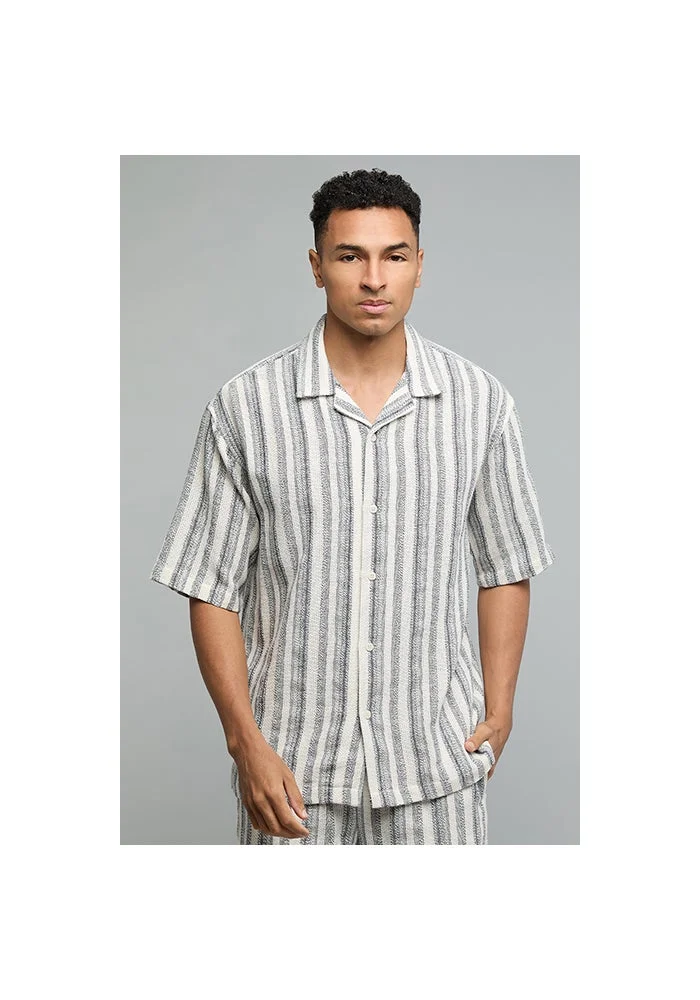 أر أند بي Striped Shirt with Revere Collar and Short Sleeves