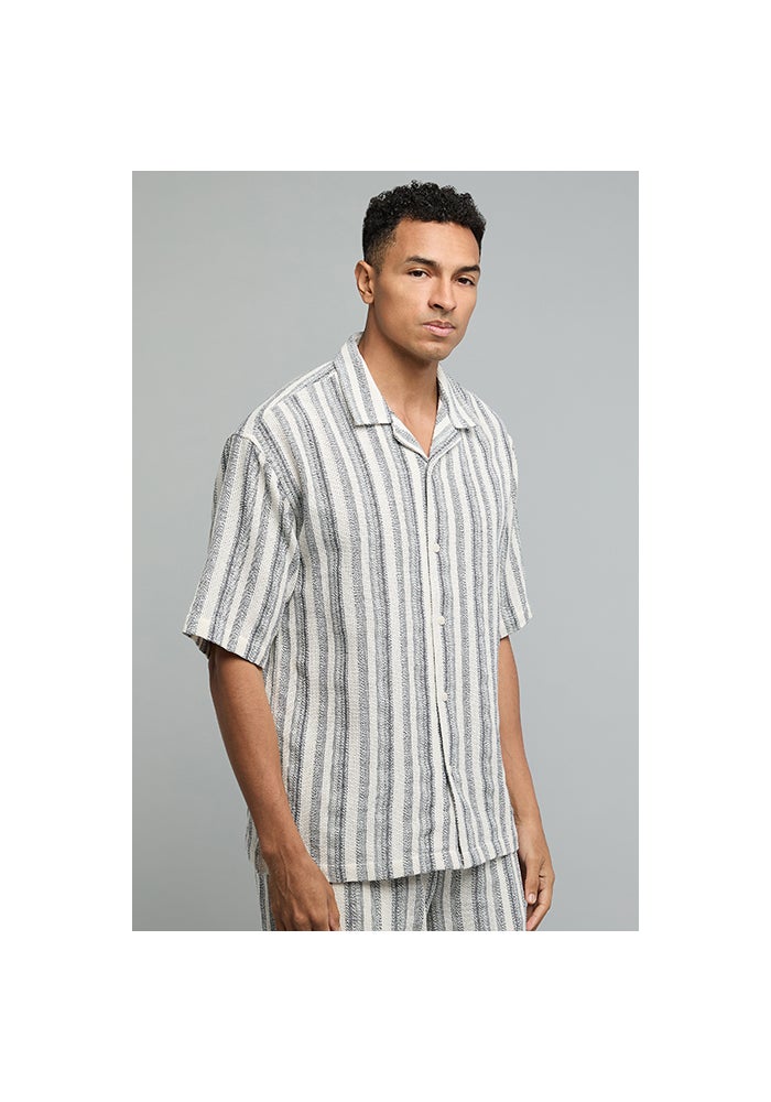 R&B Striped Shirt with Revere Collar and Short Sleeves - Image 5