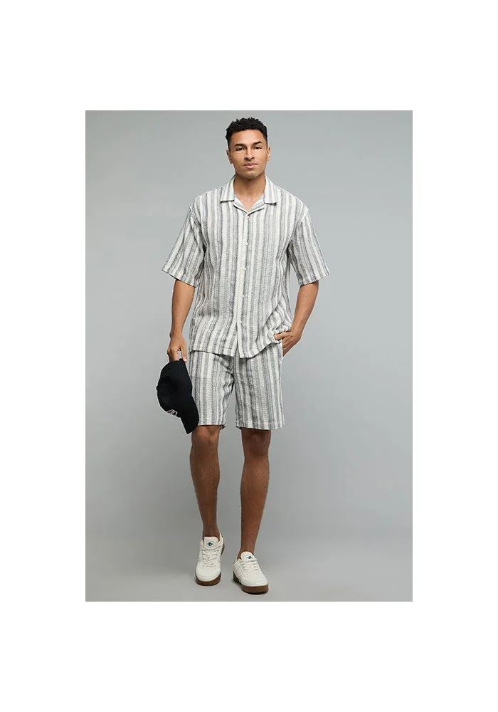 أر أند بي Striped Shirt with Revere Collar and Short Sleeves