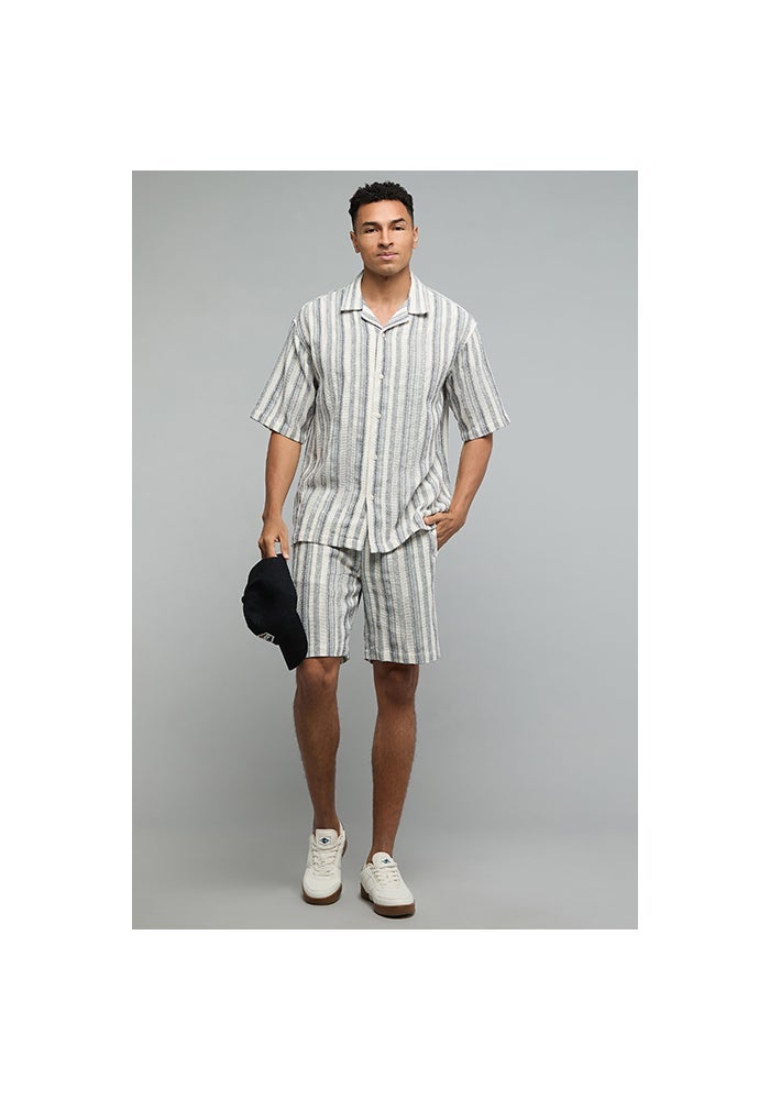 R&B Striped Shirt with Revere Collar and Short Sleeves - Image 2