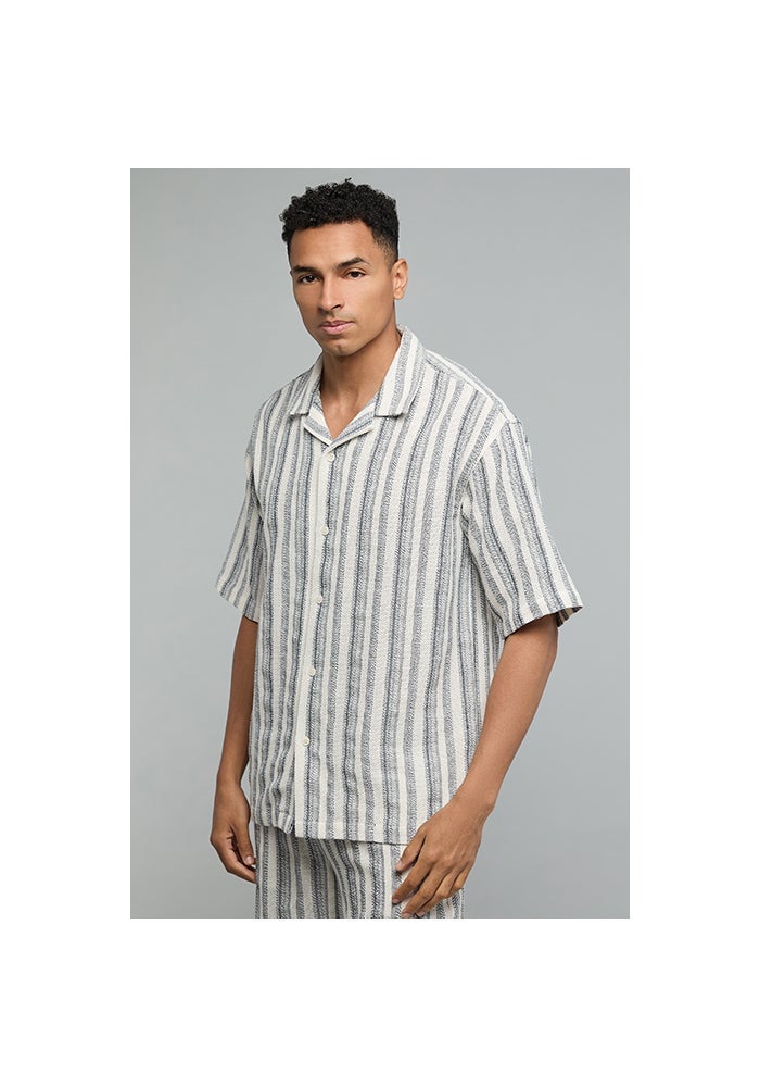 R&B Striped Shirt with Revere Collar and Short Sleeves - Image 3