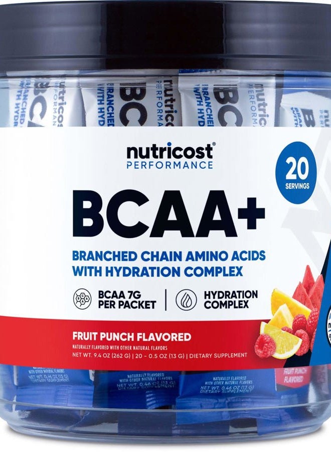 Nutricost BCAA+ Hydration Fruit Punch Flavor (20 Stickpacks) - Branched Chain Amino Acids with Hydration Complex - Gluten-Free, Non-GMO - Image 1