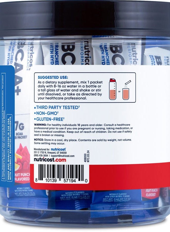 Nutricost BCAA+ Hydration Fruit Punch Flavor (20 Stickpacks) - Branched Chain Amino Acids with Hydration Complex - Gluten-Free, Non-GMO - Image 4