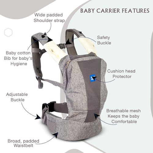 Mee Mee Comfy New Born Baby Carrier With 4 Baby carrying Modes Lightweight & Adjustable | Neck Support Baby Sling Carrier with Padded waist Support and shoulder support straps | safety buckle And Detachable Hip Seat for 0 to 2 Years (Grey) - Image 5