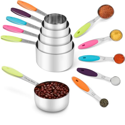 Joyhill Stainless Steel Measuring Cups and Spoons Set of 10 Piece Nesting Metal Measuring Cups Set with Soft Touch Silicone Handles for Dry and Liquid Ingredients Cooking  Baking Colorful