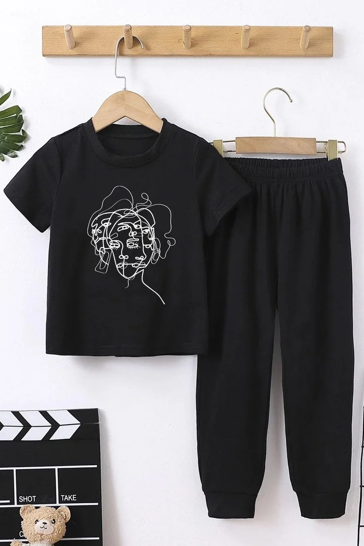 ONLYTRENDWEAR Child Woman One Line Bottom - Top Tracksuit Set 3-4 Years Old Black