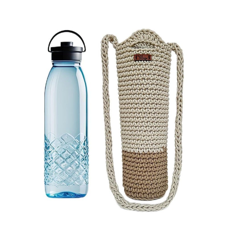 Kind Strings Crochet Sling Bottle Bag Handmade Wine & Water Bottle Holder for 1 Litre Bottles Eco-Friendly Knitted Gift Bag for Travel, Office, Picnic, Gym Off White & Beige - Image 1
