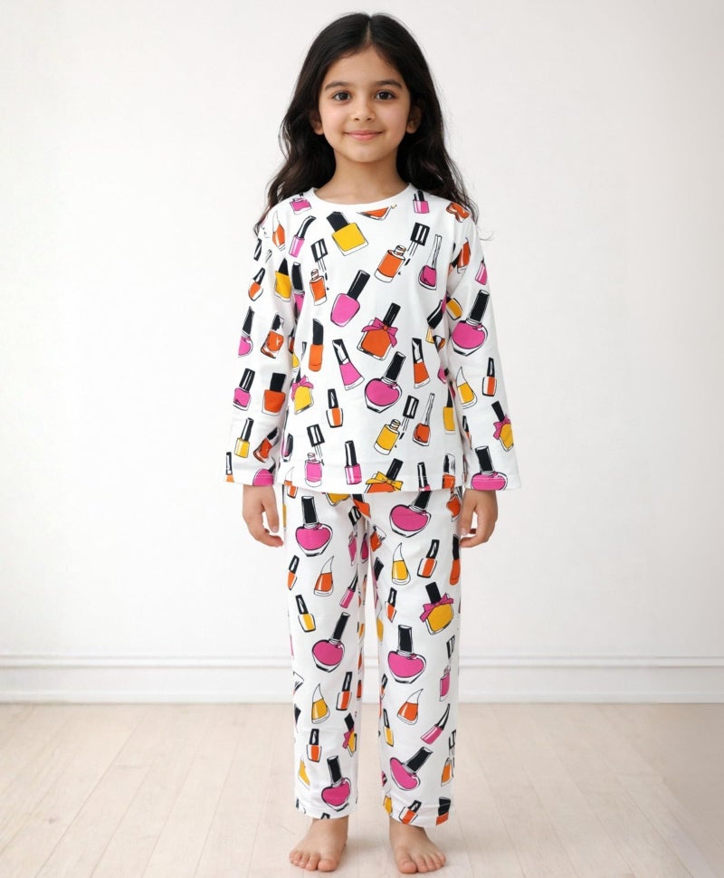 ANTHRILO Pajama T-Shirt Set for Girls | Kids Night Suit for Girls | Nightwear | 100% Cotton Pyjama Set Nail Paint Print White | Long Sleeve T-Shirt and Pajama | 5-6 Years - Image 2