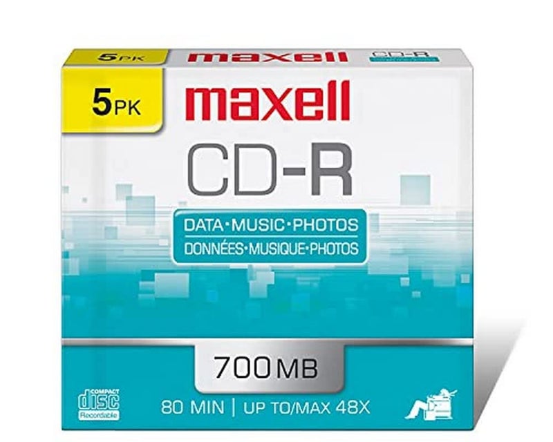 Maxell Maxell – 648205, Polycarbonate Substrate CD-R Disc - High-Quality Media for Data Storage, Music & Archiving - 700MB/80 Min Capacity with 48X Write Speed - 5 Pack with Jewel Cases - Image 1