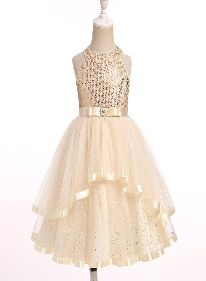 OBEEII Flower Girl Dress for Toddler Baby Girls Sequins Tulle Tutu Dress Princess Birthday Party Photoshoot Dress Prom Sparkle Glitter Wedding Guest Dress Baptism Formal Ball Gown Champagne 3-4 T - Image 2