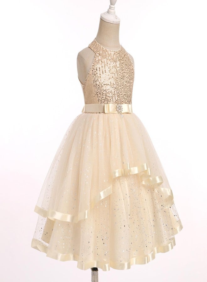 OBEEII Flower Girl Dress for Toddler Baby Girls Sequins Tulle Tutu Dress Princess Birthday Party Photoshoot Dress Prom Sparkle Glitter Wedding Guest Dress Baptism Formal Ball Gown Champagne 3-4 T - Image 3