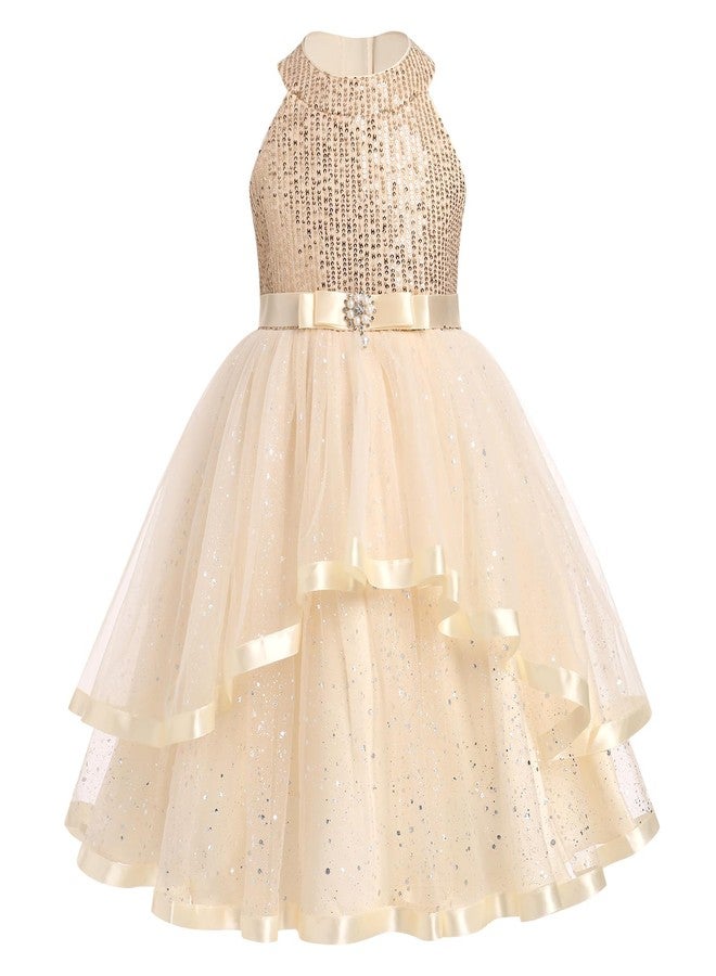 OBEEII Flower Girl Dress for Toddler Baby Girls Sequins Tulle Tutu Dress Princess Birthday Party Photoshoot Dress Prom Sparkle Glitter Wedding Guest Dress Baptism Formal Ball Gown Champagne 3-4 T - Image 1
