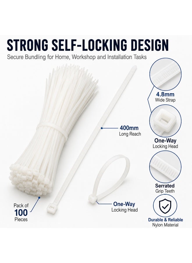 100PCS Heavy Duty White Nylon Cable Ties 400mm × 4.8mm, Extra Wide Self-Locking Zip Ties for Electrical Wires, Home, Garden, Automotive, Workshop and DIY Organization - Image 2