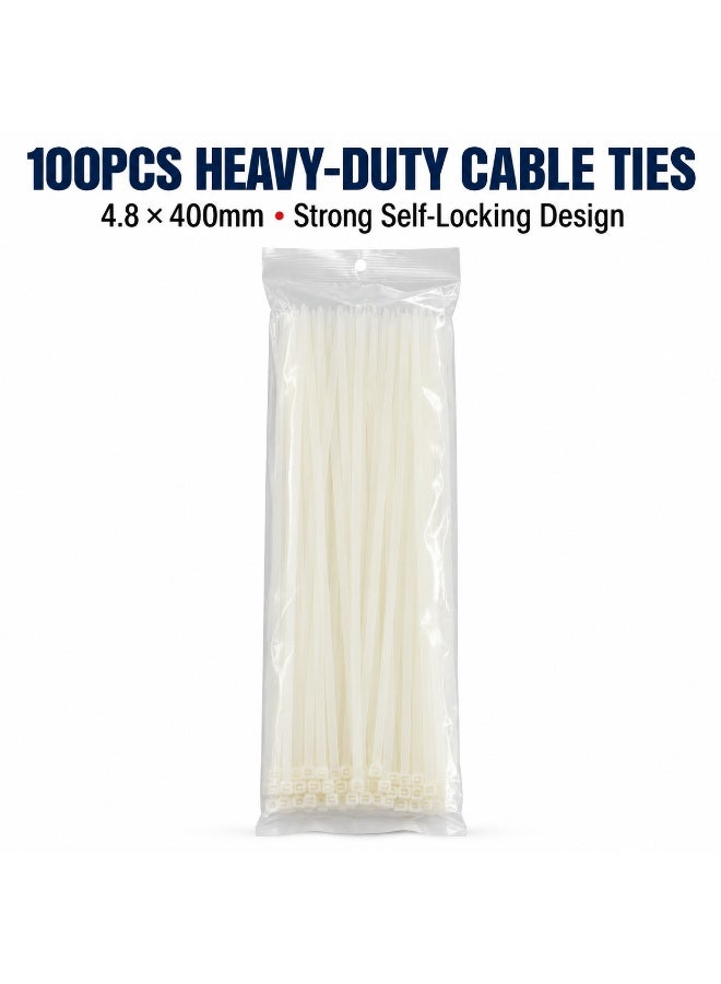 100PCS Heavy Duty White Nylon Cable Ties 400mm × 4.8mm, Extra Wide Self-Locking Zip Ties for Electrical Wires, Home, Garden, Automotive, Workshop and DIY Organization - Image 3