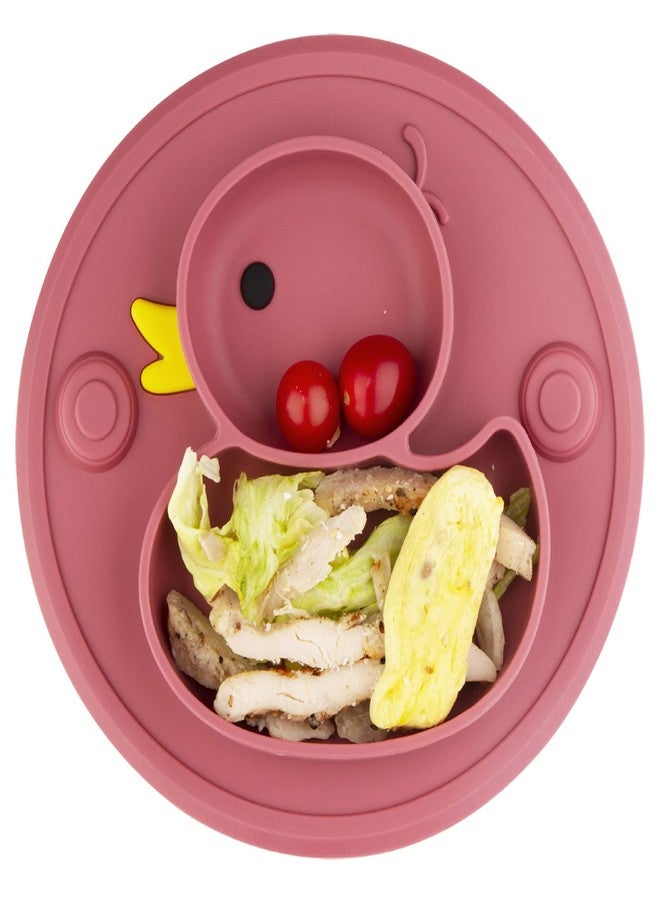 Linowos Baby Divided Plate Placemat Silicone- Portable Non Slip Child Feeding Suction Plate for Children Babies and Kids BPA Free Baby Dinner Plate Microwave Dishwasher Safe (Duck-Blush) - Image 1