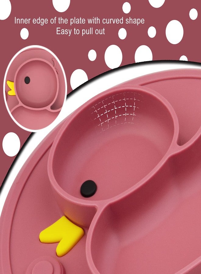 Linowos Baby Divided Plate Placemat Silicone- Portable Non Slip Child Feeding Suction Plate for Children Babies and Kids BPA Free Baby Dinner Plate Microwave Dishwasher Safe (Duck-Blush) - Image 4