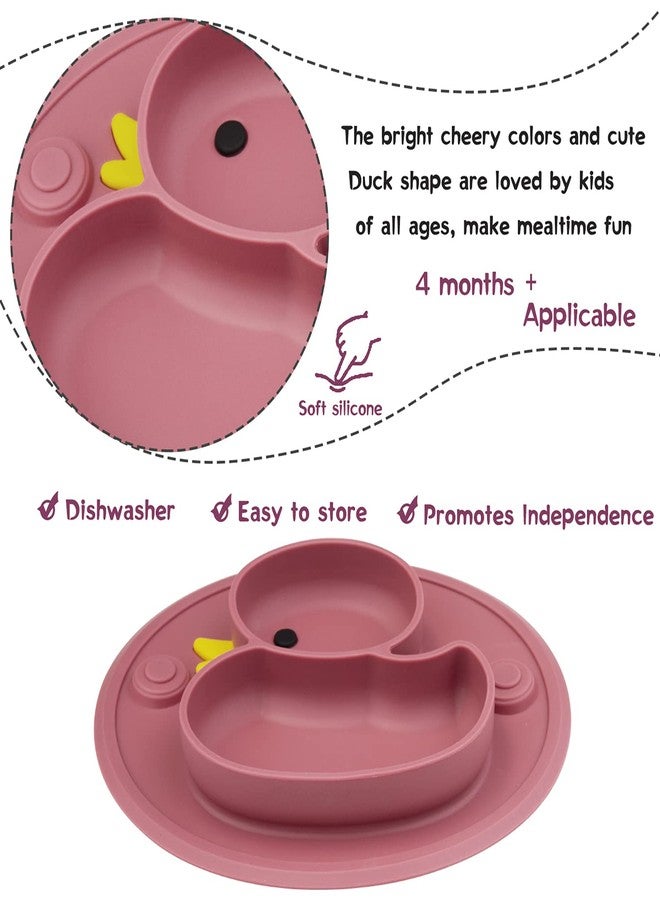 Linowos Baby Divided Plate Placemat Silicone- Portable Non Slip Child Feeding Suction Plate for Children Babies and Kids BPA Free Baby Dinner Plate Microwave Dishwasher Safe (Duck-Blush) - Image 2
