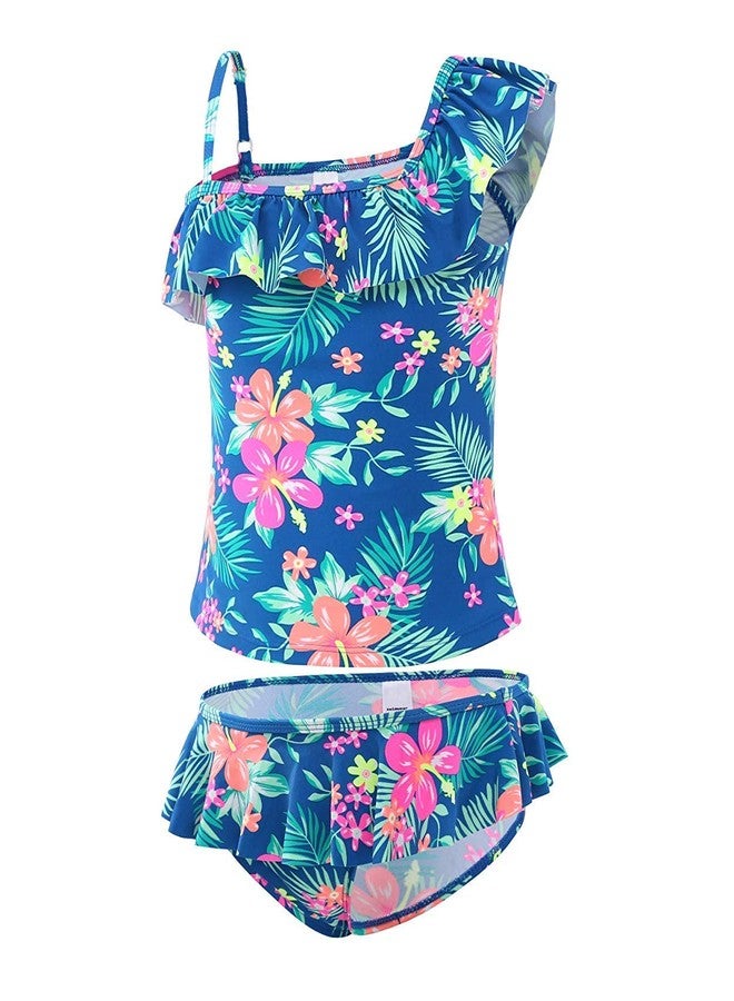 Mardonskey Girls Two Piece Tankini Swimsuits Hawaiian Ruffle Bathing Suit Summer Beach Swimwear Set Blue Size 6/6x - Image 1