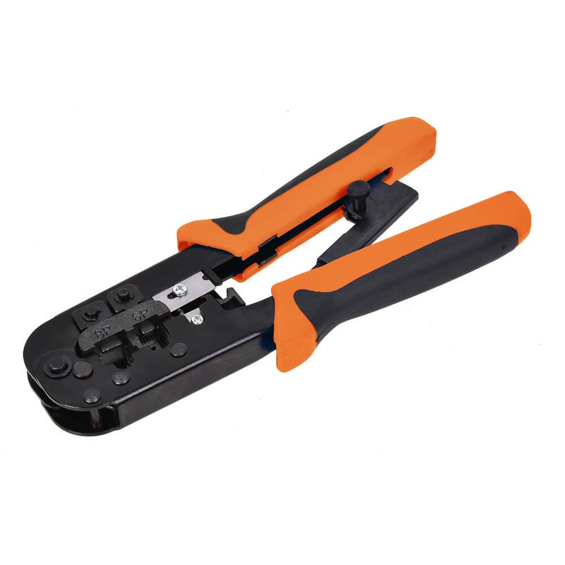 3-in-1 Crimping Tool with Ratchet Function, Connector Crimper, Cuts & Strips Network & Telephone Cables, Durable & Professional Grade, Black/Orange- 401013