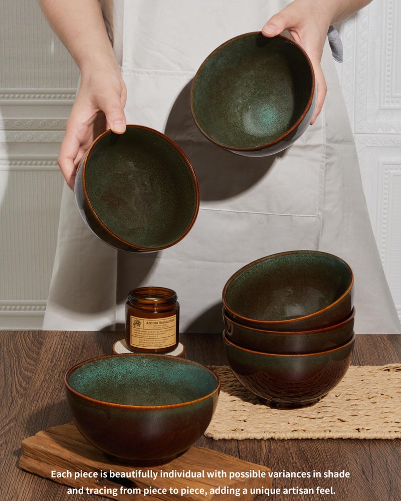 Pokini Stoneware Cereal Bowls Set of 6, 22 Oz Soup Bowls Set for Cereal Soup Snacks, Modern Kitchen Bowls for Meal, Dishwasher & Microwave Safe-Brown and Green - Image 5