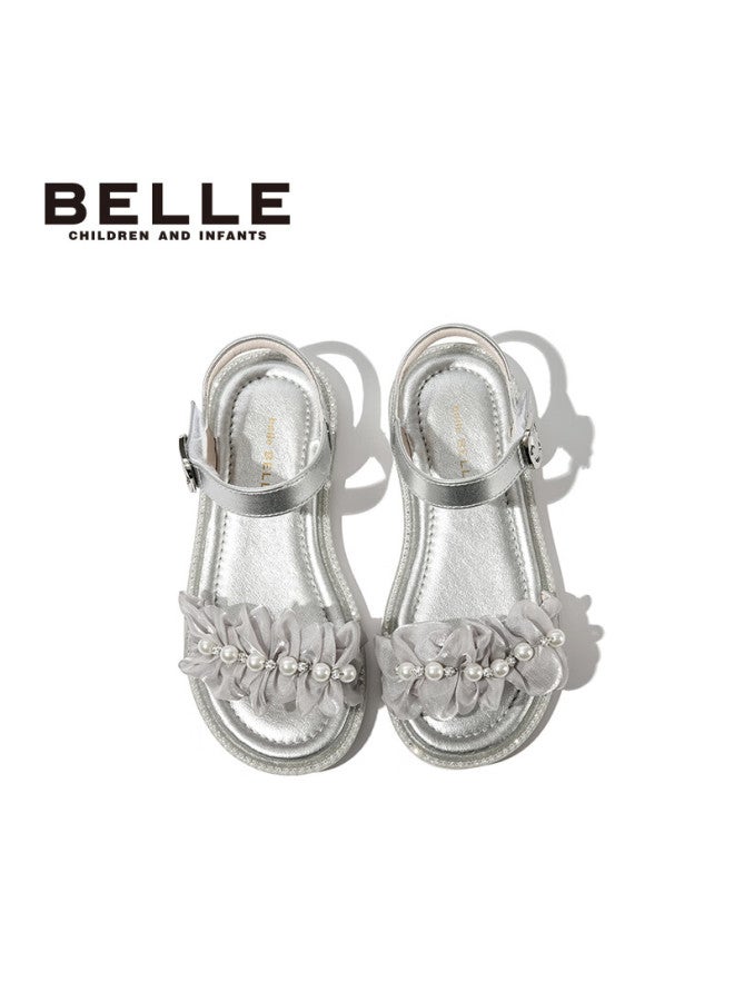 Belle Kids Summer Sandals Girls Princess Shoes Fashion Crystal Flats Silver Size 35 - Image 1