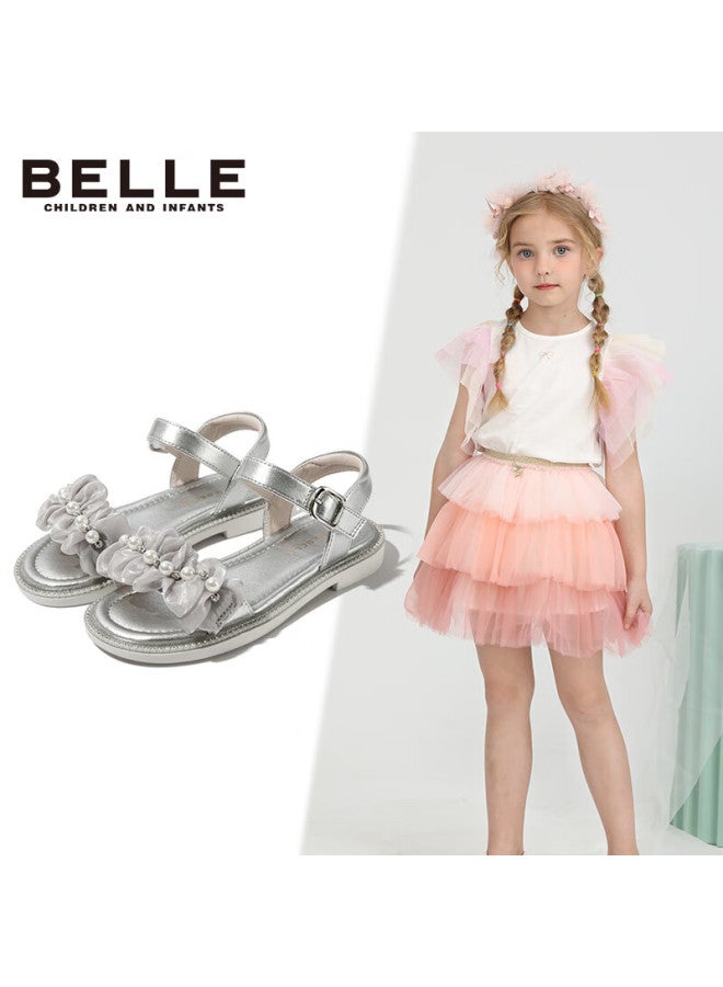 Belle Kids Summer Sandals Girls Princess Shoes Fashion Crystal Flats Silver Size 35 - Image 4