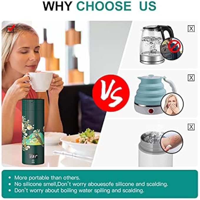 كاست ويف غلاية سفر محمولة مع 4 إعدادات لدرجة الحرارة، غلاية شاي كهربائية للسفر مصنوعة من الفولاذ المقاوم للصدأ 304، غلاية مياه ساخنة شخصية، إيقاف تشغيل تلقائي، غلاية صغيرة للسفر وهدية قهوة للنساء، لون الطاووس الأخضر - Image 5