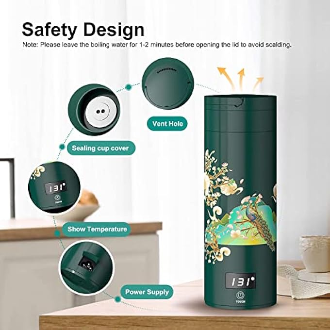 كاست ويف غلاية سفر محمولة مع 4 إعدادات لدرجة الحرارة، غلاية شاي كهربائية للسفر مصنوعة من الفولاذ المقاوم للصدأ 304، غلاية مياه ساخنة شخصية، إيقاف تشغيل تلقائي، غلاية صغيرة للسفر وهدية قهوة للنساء، لون الطاووس الأخضر - Image 3