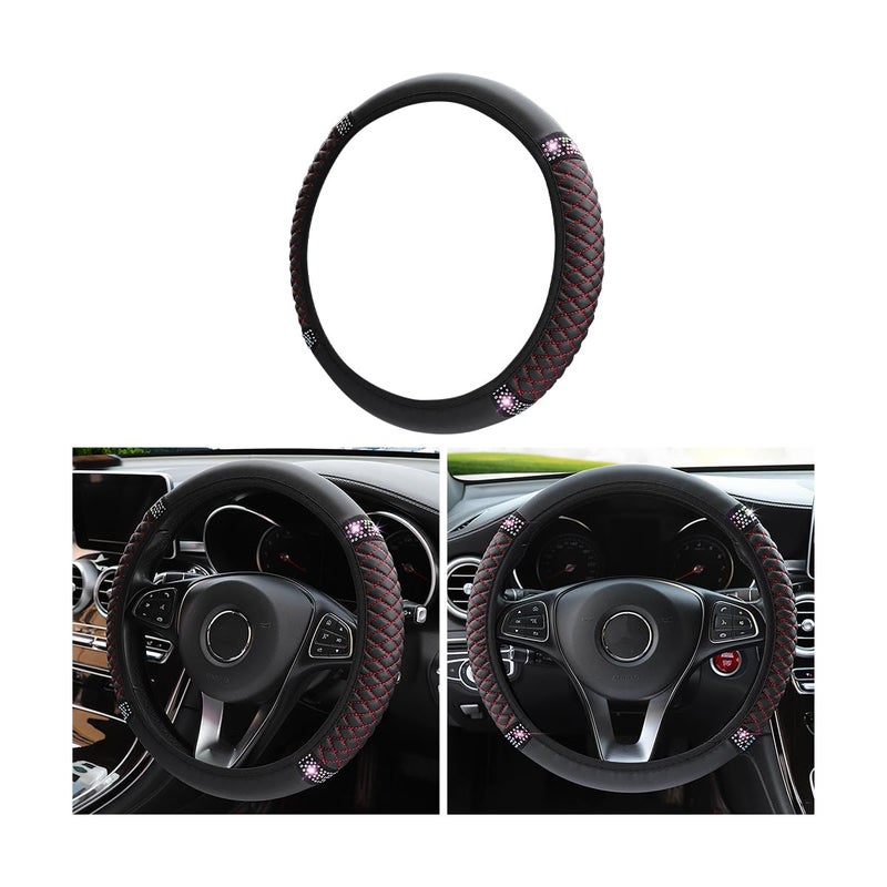 Fekey&JF Bling Soft Leather Steering Wheel Cover, 15 Inch Colorful Rhinestones Auto Elastic Steering Wheel Protector, Sparkly Crystal Diamond for Women Girls, Car Interior Accessories for Most Cars (Black/Red) - Image 1