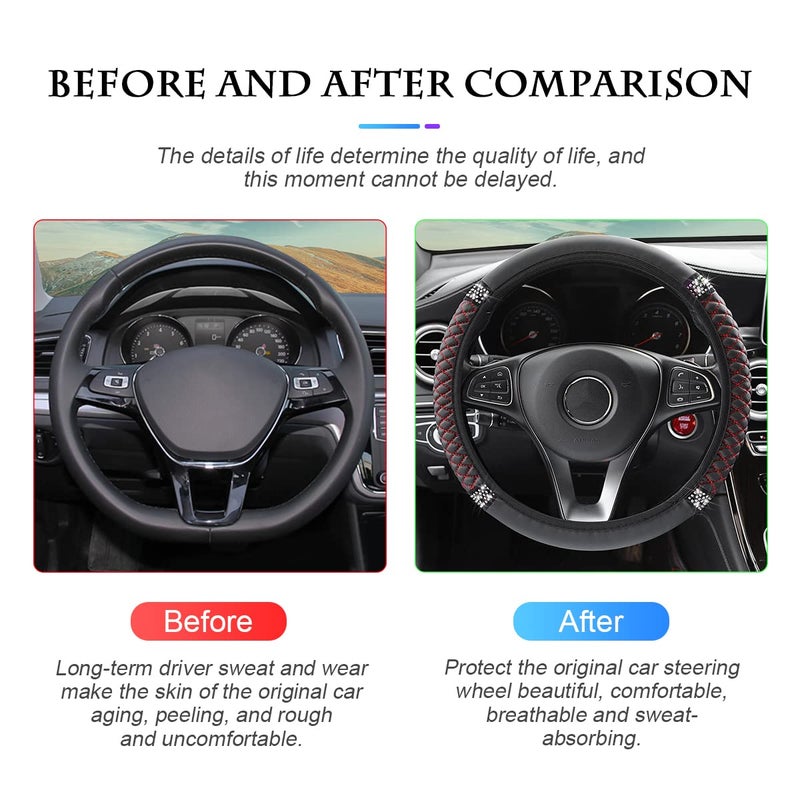 Fekey&JF Bling Soft Leather Steering Wheel Cover, 15 Inch Colorful Rhinestones Auto Elastic Steering Wheel Protector, Sparkly Crystal Diamond for Women Girls, Car Interior Accessories for Most Cars (Black/Red) - Image 4