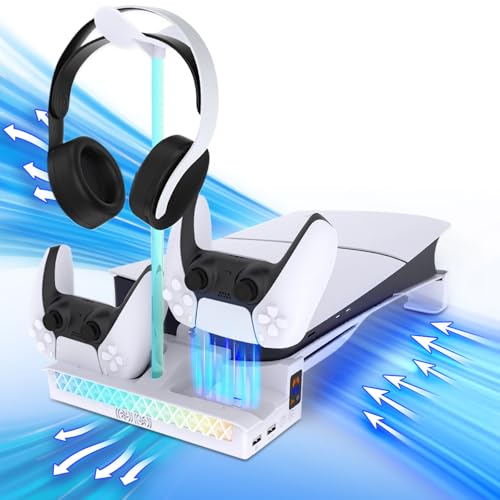 Sehawei Horizontal Cooling Stand Compatible with PS5 ProSlim Console Disc Digital EditionsExpand Accessory with RGB Light Cooling Station for PS5 ProSlimWhite - Image 1