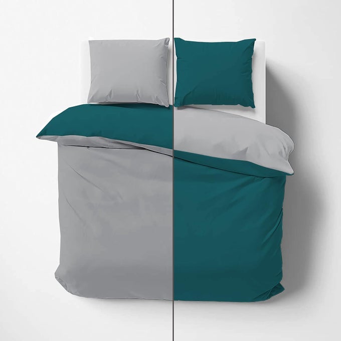 IMPRESSIBLE SUPER SOFT MICROFIBER REVERSIBLE 3 PIECE DUVET COVER SET SIZE 91X101 INCHES AND 2 PILLOW COVER 300 TC 18X28 INCHES DOUBLE BED SIZE TEALSILVER GREY