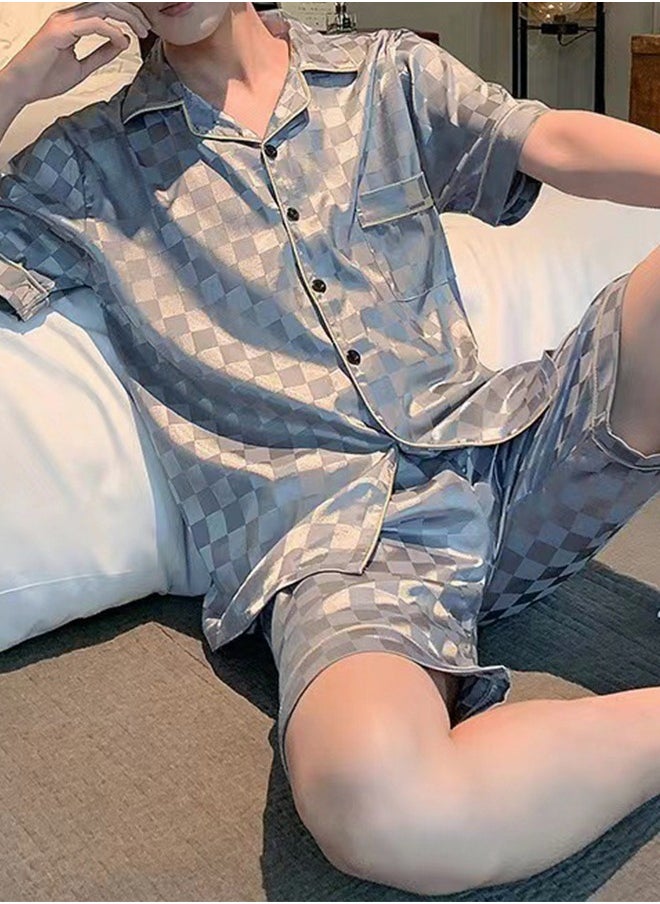 roaiss 3-Piece Set Men's Short Sleeves Pajamas Pants Trousers Sleepwear Sets Satin Grid Printing Silk Nightgown Male Loose Shirts Spring Summer Loungewear Home Clothes  - Image 3