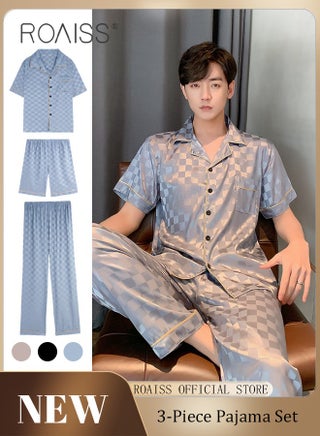 3-Piece Set Men's Short Sleeves Pajamas Pants Trousers Sleepwear Sets Satin Grid Printing Silk Nightgown Male Loose Shirts Spring Summer Loungewear Home Clothes - pzsku/Z010BD7504F4DF28F63F6Z/45/1748848443/bf32aa06-e32f-44f2-805d-234c85bb83c4