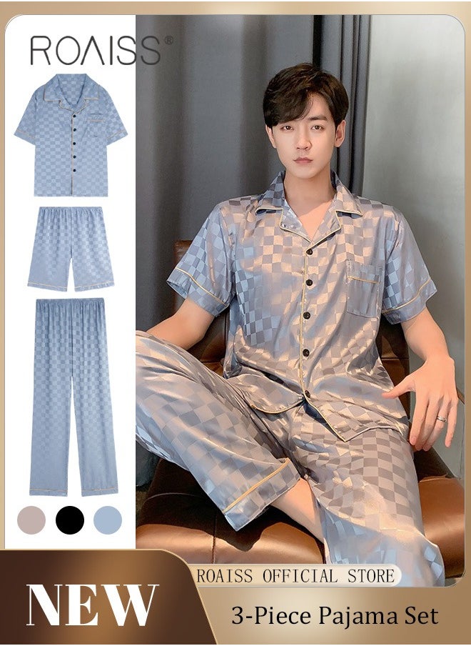 roaiss - 3-Piece Set Men's Short Sleeves Pajamas Pants Trousers Sleepwear Sets Satin Grid Printing Silk Nightgown Male Loose Shirts Spring Summer Loungewear Home Clothes - Image 1