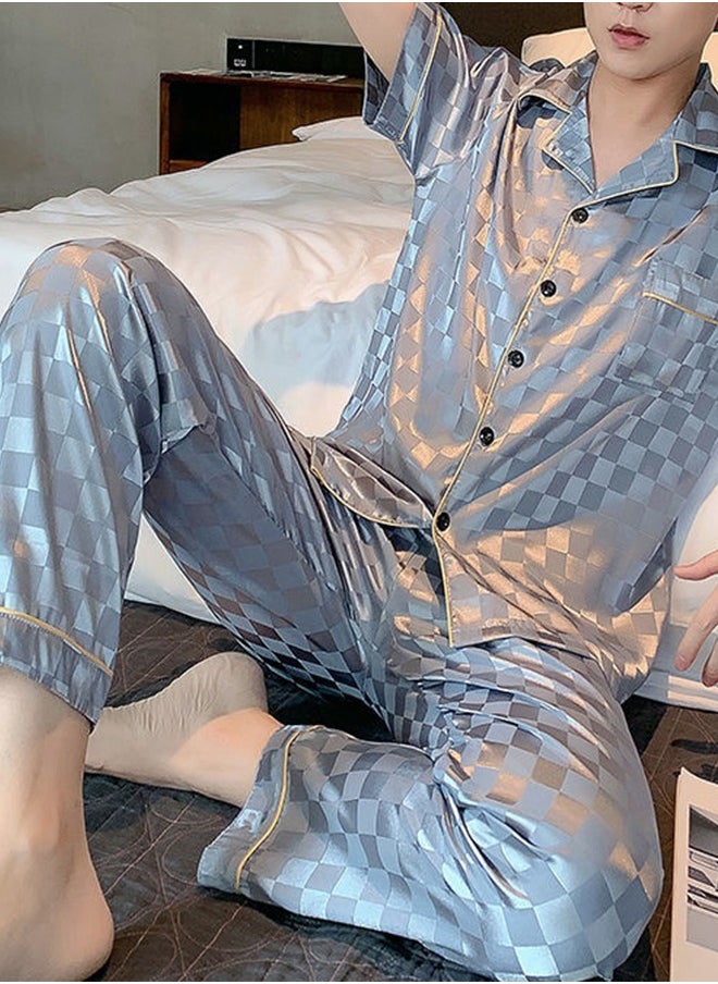 roaiss - 3-Piece Set Men's Short Sleeves Pajamas Pants Trousers Sleepwear Sets Satin Grid Printing Silk Nightgown Male Loose Shirts Spring Summer Loungewear Home Clothes - Image 1
