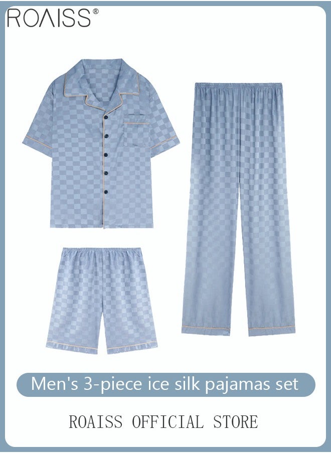 roaiss - 3-Piece Set Men's Short Sleeves Pajamas Pants Trousers Sleepwear Sets Satin Grid Printing Silk Nightgown Male Loose Shirts Spring Summer Loungewear Home Clothes - Image 1