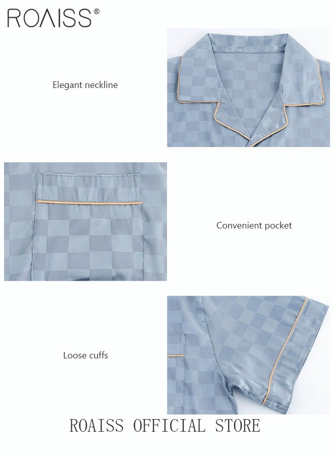 roaiss - 3-Piece Set Men's Short Sleeves Pajamas Pants Trousers Sleepwear Sets Satin Grid Printing Silk Nightgown Male Loose Shirts Spring Summer Loungewear Home Clothes - Image 1