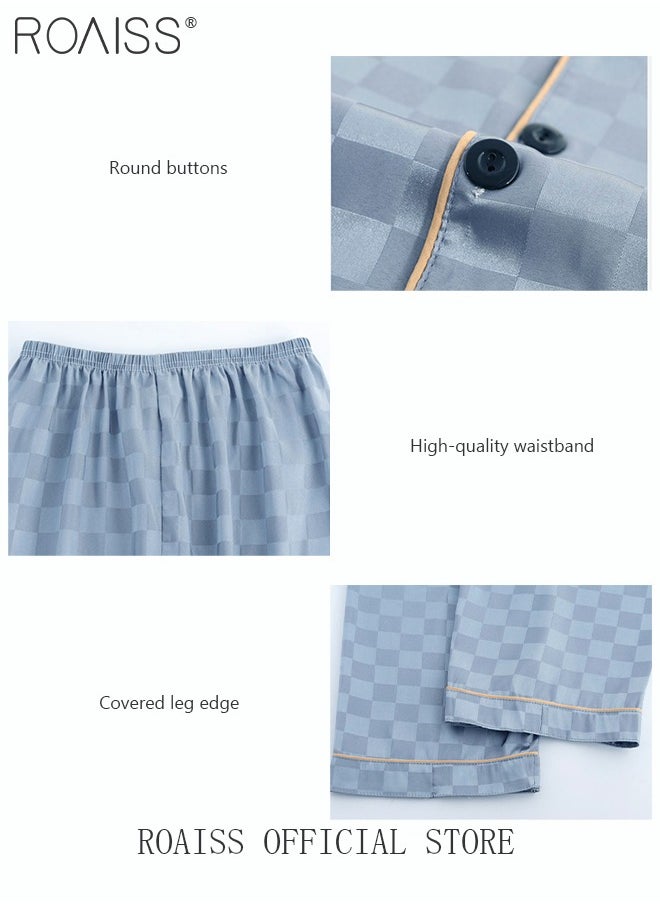 roaiss - 3-Piece Set Men's Short Sleeves Pajamas Pants Trousers Sleepwear Sets Satin Grid Printing Silk Nightgown Male Loose Shirts Spring Summer Loungewear Home Clothes - Image 1