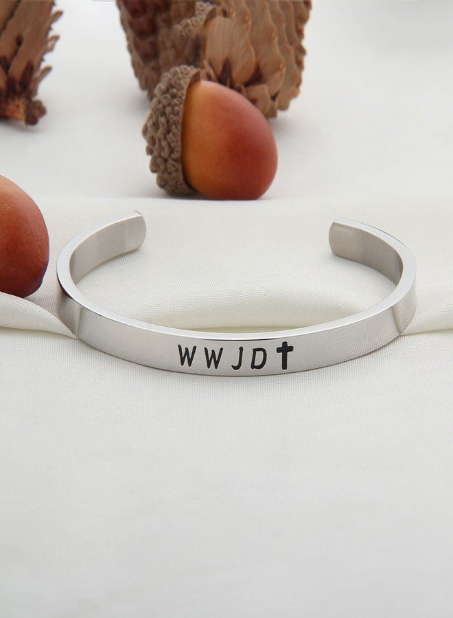 WUSUANED Religious Jewelry WWJD Cross Cuff Bracelet Bangle First Communion Gift (WWJD cuff bracelet silver) - Image 2