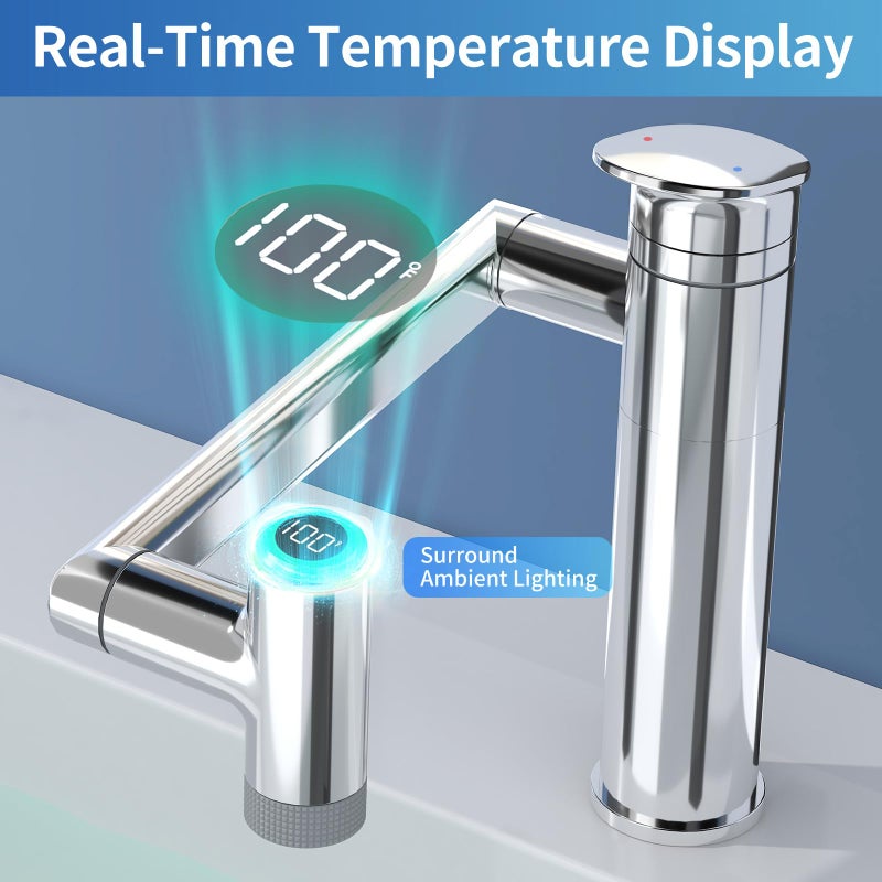 SINGSUO 1080Â°Rotatable Bathroom Vanity Faucet 1 Hole, Height Adjustable Single Handle Sink Faucet Bathroom with 2 Water Outlet Modes, Bar Sink Tap with Temperature Display (Chrome) - Image 3