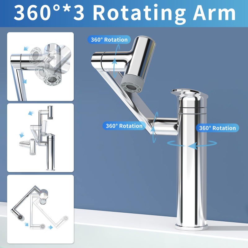 SINGSUO 1080Â°Rotatable Bathroom Vanity Faucet 1 Hole, Height Adjustable Single Handle Sink Faucet Bathroom with 2 Water Outlet Modes, Bar Sink Tap with Temperature Display (Chrome) - Image 2