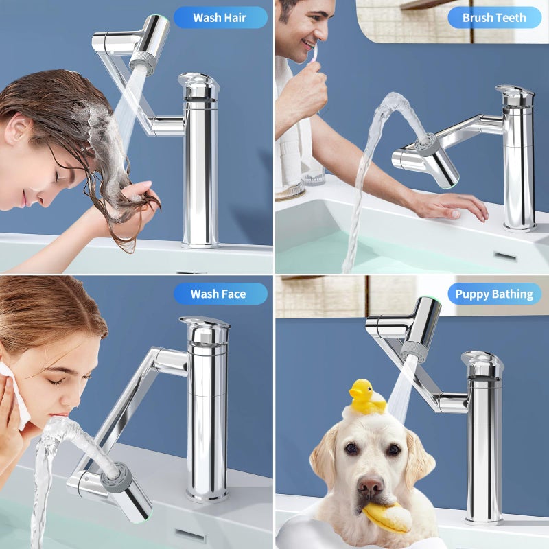 SINGSUO 1080Â°Rotatable Bathroom Vanity Faucet 1 Hole, Height Adjustable Single Handle Sink Faucet Bathroom with 2 Water Outlet Modes, Bar Sink Tap with Temperature Display (Chrome) - Image 4