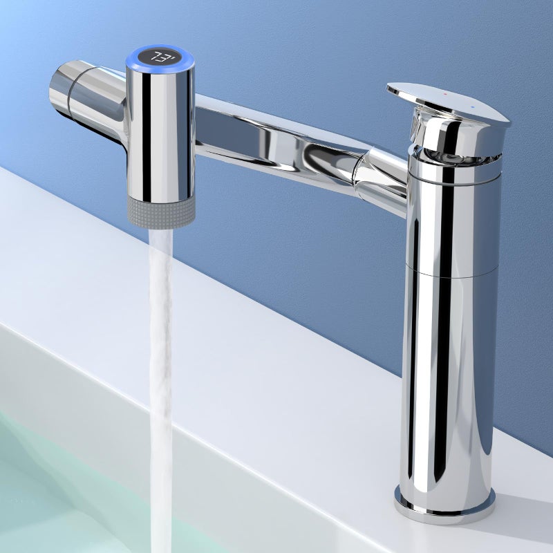 SINGSUO 1080Â°Rotatable Bathroom Vanity Faucet 1 Hole, Height Adjustable Single Handle Sink Faucet Bathroom with 2 Water Outlet Modes, Bar Sink Tap with Temperature Display (Chrome) - Image 1