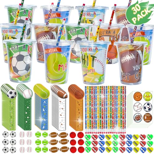 PaLeyFer 30 Pack210 Piece Sports Stationery Gift Set Valentines Day Gifts Cards for Kids Classroom Exchange Prize Valentines Sports Party Favors with Cards Cups Pencils Rulers Stickers Erasers - Image 1