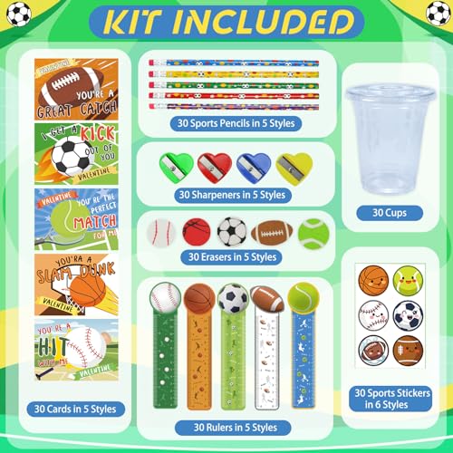 PaLeyFer 30 Pack210 Piece Sports Stationery Gift Set Valentines Day Gifts Cards for Kids Classroom Exchange Prize Valentines Sports Party Favors with Cards Cups Pencils Rulers Stickers Erasers - Image 5