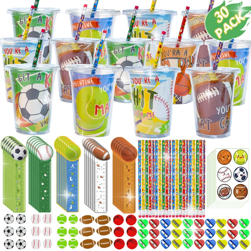 PaLeyFer 30 Pack210 Piece Sports Stationery Gift Set Valentines Day Gifts Cards for Kids Classroom Exchange Prize Valentines Sports Party Favors with Cards Cups Pencils Rulers Stickers Erasers - Image 3