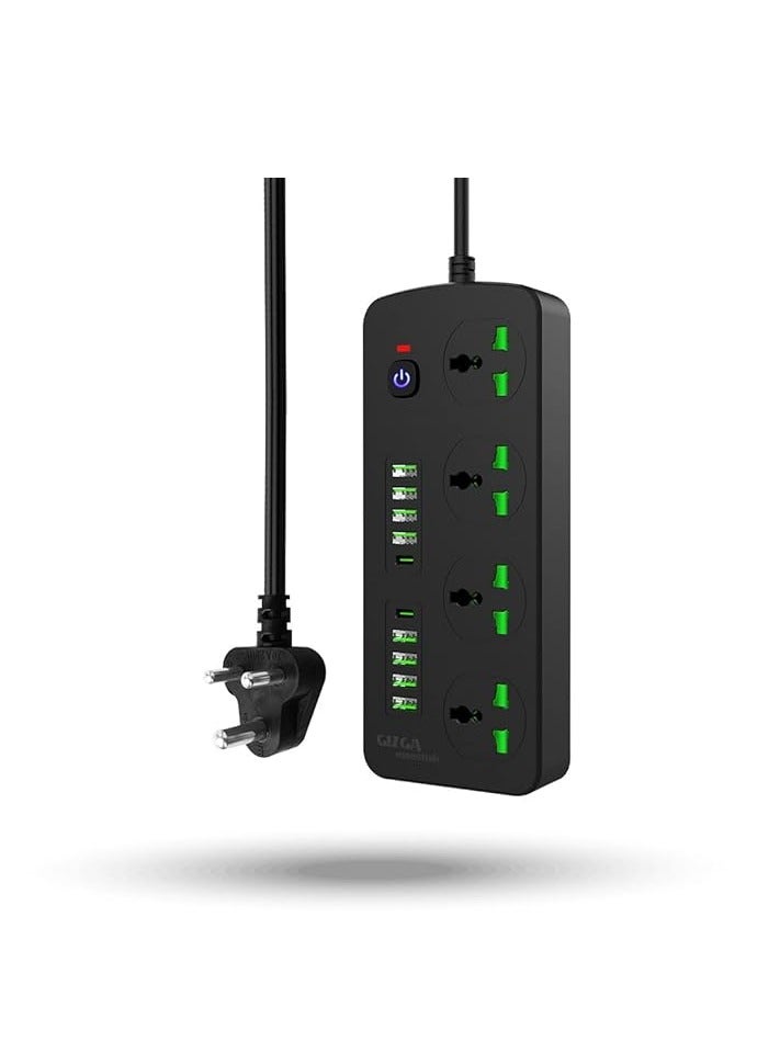 Gizga Essentials Power Extension Board 8 USB 4.2A Ports, 2 PD 20W Ports, 4 Universal Thermal Trip Electrical Multi Plug Sockets, Surge Protection, Spike Guard, 3000W 16A, Flame Proof, 2m Cord Length - Image 1